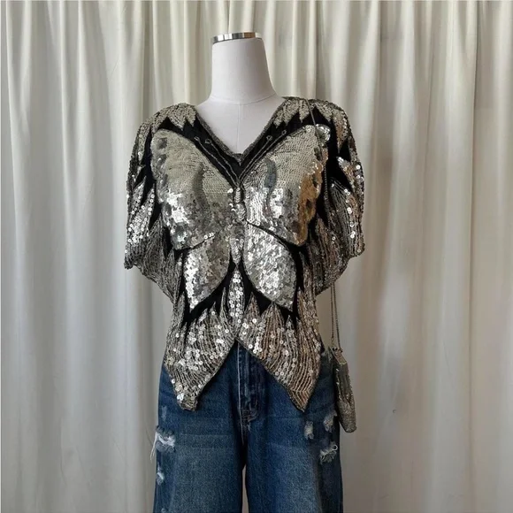 Vintage 1980's Silk Silver Sequins Butterfly Top. - Picture 6 of 8
